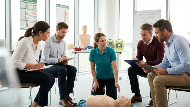 Face-to-Face classroom training — trainer demonstrating CPR to a group of participants with AED equipment